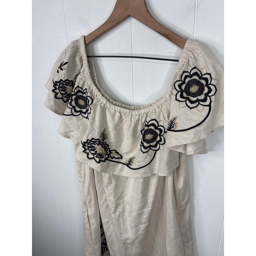 Boston Proper Linen Floral Embroidered Off Shoulder Shift Dress XL Flax Cream - Picture 7 of 10